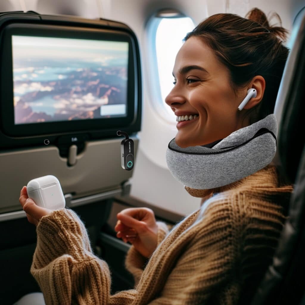 Une personne heureuse avec un coussin de voyage flyerblue
